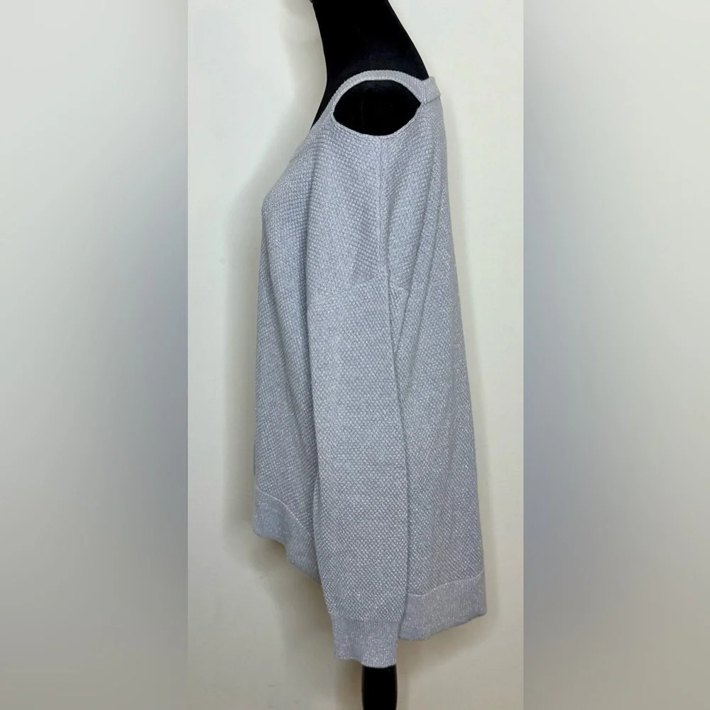 Michael Kors gray silver sparkle peek a boo shoulder split hem sweater XL EUC